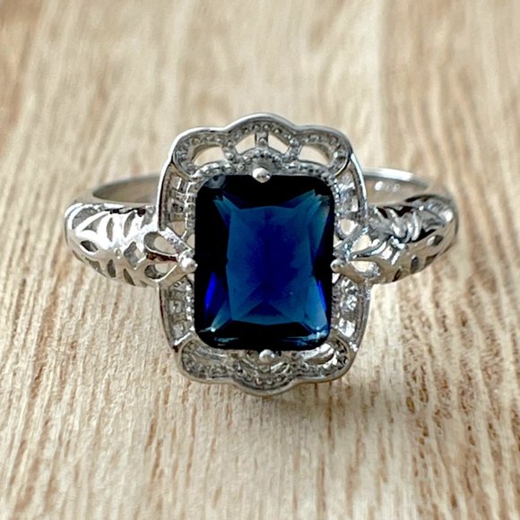 Radiant Cut Simulated Sapphire Art Deco Filigree Ring - 925 Sterling Silver - Picture 1 of 5